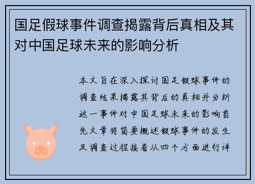 国足假球事件调查揭露背后真相及其对中国足球未来的影响分析